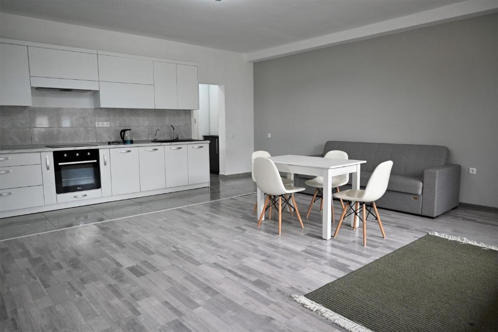 a kitchen with a table and chairs in a room at Bright and cozy apartment nr. 1 in Chişinău