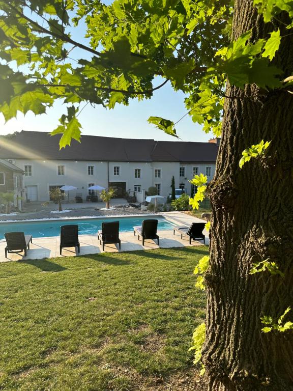 Elle offre une vue sur une piscine avec des chaises et un arbre. dans l'établissement Le Domaine Des Sources, à Saint-Martin-dʼAblois