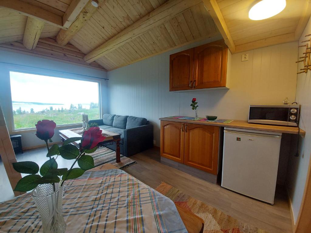 cocina y sala de estar con sofá y mesa en small camping cabbin with shared bathroom and kitchen near by, en Hattfjelldal