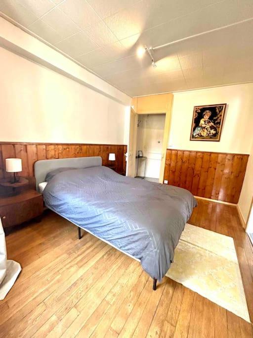1 dormitorio con 1 cama en una habitación con suelo de madera en Au bord de la Furieuse, proche de la Grande Saline et des Thermes de Salins-les-Bains en Salins-les-Bains