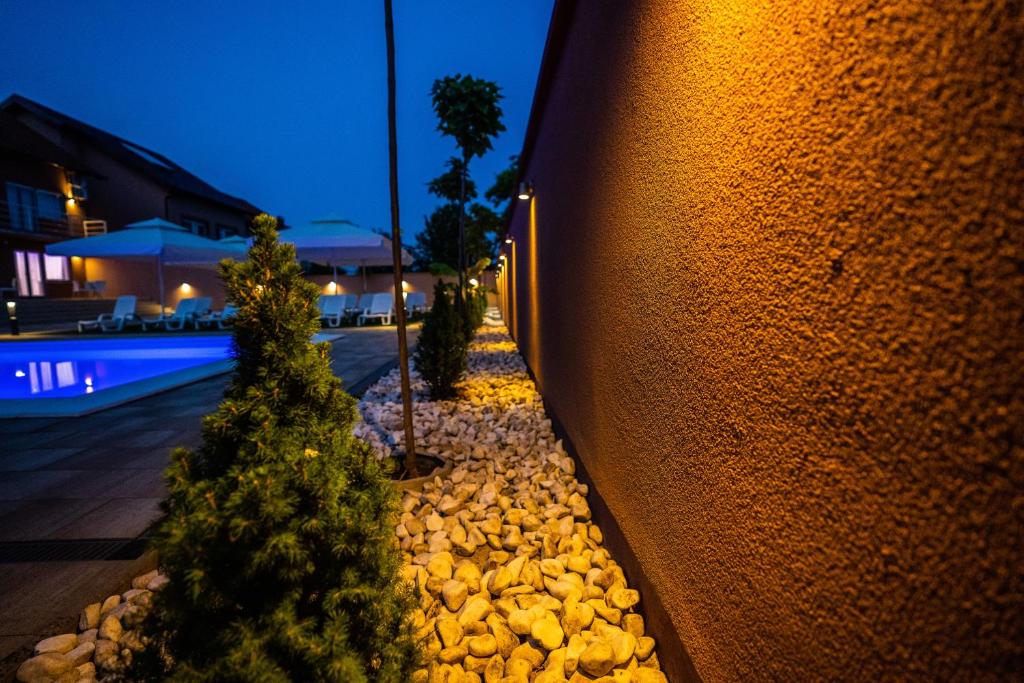 a rock garden with trees and a pool at night at Villa Biser Dunava in Vukovar