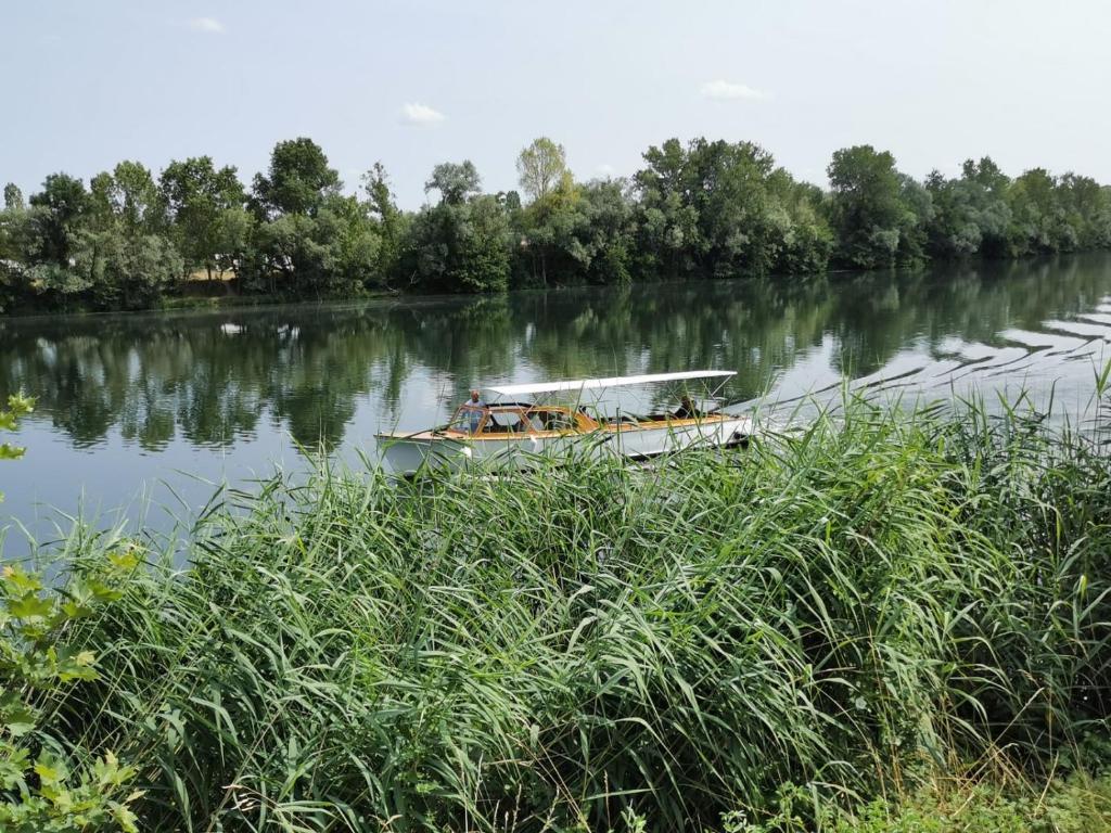Un bateau avec des gens sur une rivière dans l'établissement La Rive du Doubs - 2 chambres - 5 Pers - 56, Chemin du Canal Du Rhône au Rhin, à Dole