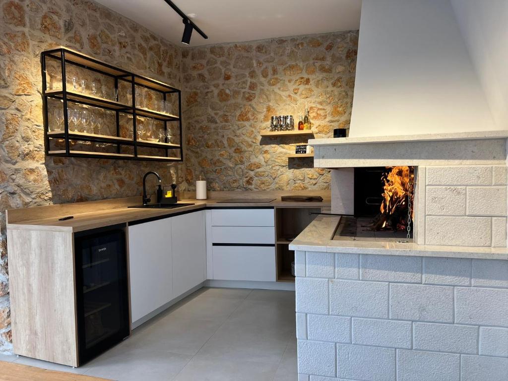 a kitchen with a stove and a fireplace at Villa Magic look in Donji Proložac