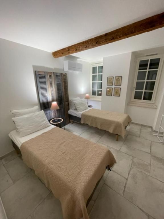 a bedroom with two beds in a room at Gite sur la Founintrouze in Fabrezan