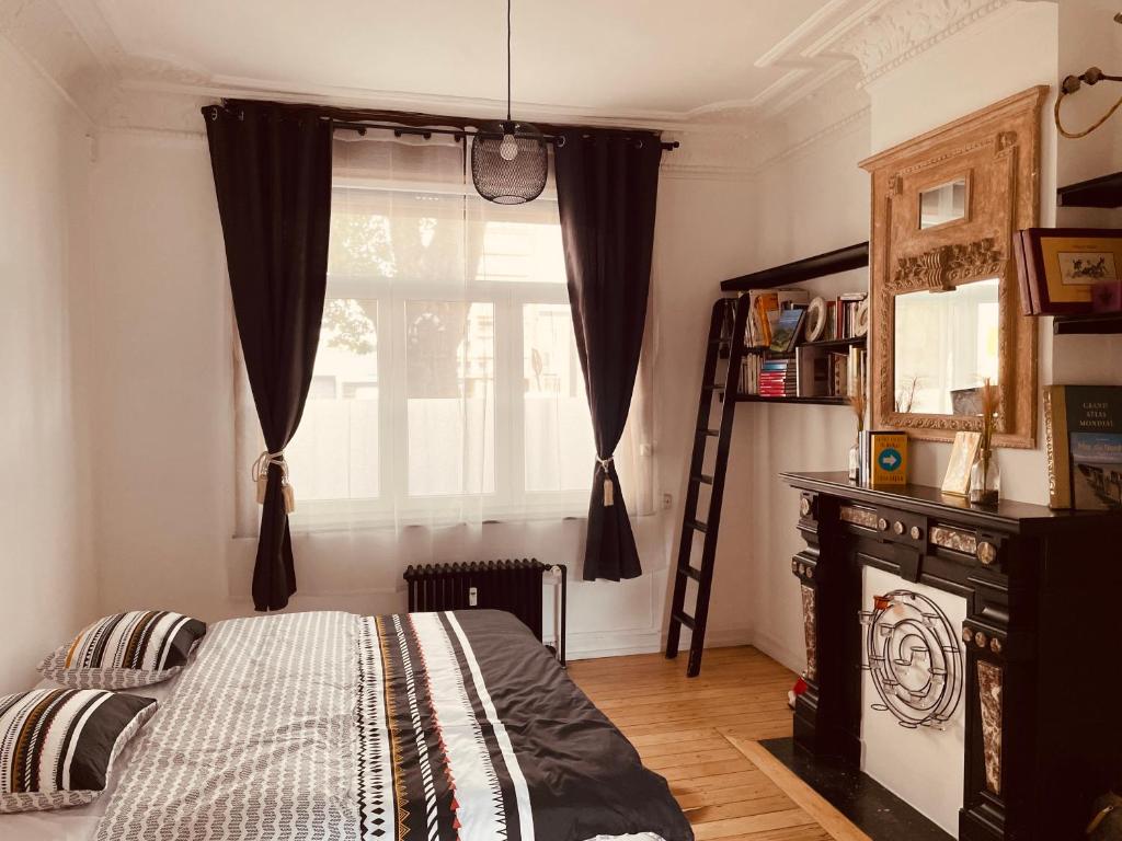 Schlafzimmer mit einem Bett und einem Fenster in der Unterkunft Magnifique appartement au rdc dans une maison de maître avec cour extérieure in Lüttich