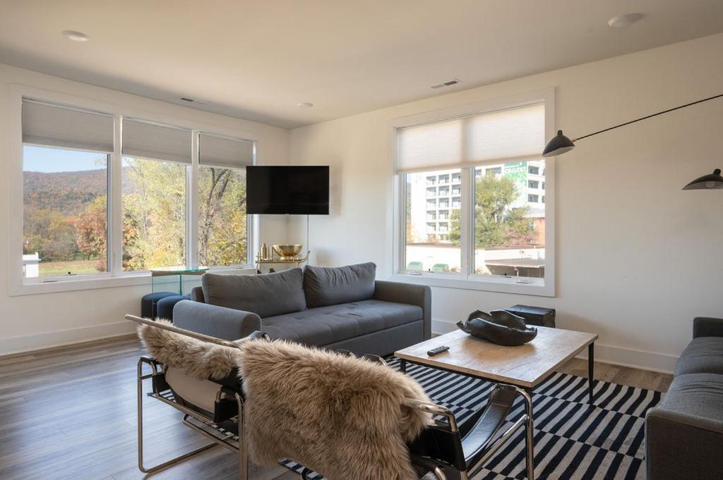 a living room with a couch and a table at Piedmont Place Suite 304 - near vineyards! in Crozet