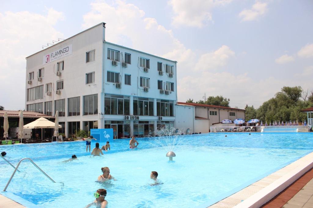 un grupo de personas en la piscina de un hotel en Flamingo Resort, en Belgrado