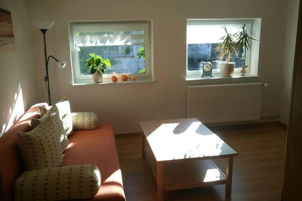 a living room with a couch and a table and two windows at Urlaub in Engelswacht in Sundhagen-Niederhof