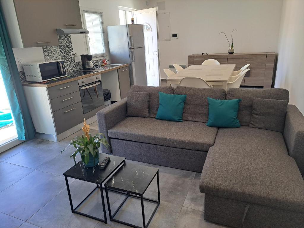 un salon avec un canapé et une table dans l'établissement Charmant appartement proche des arènes, à Béziers