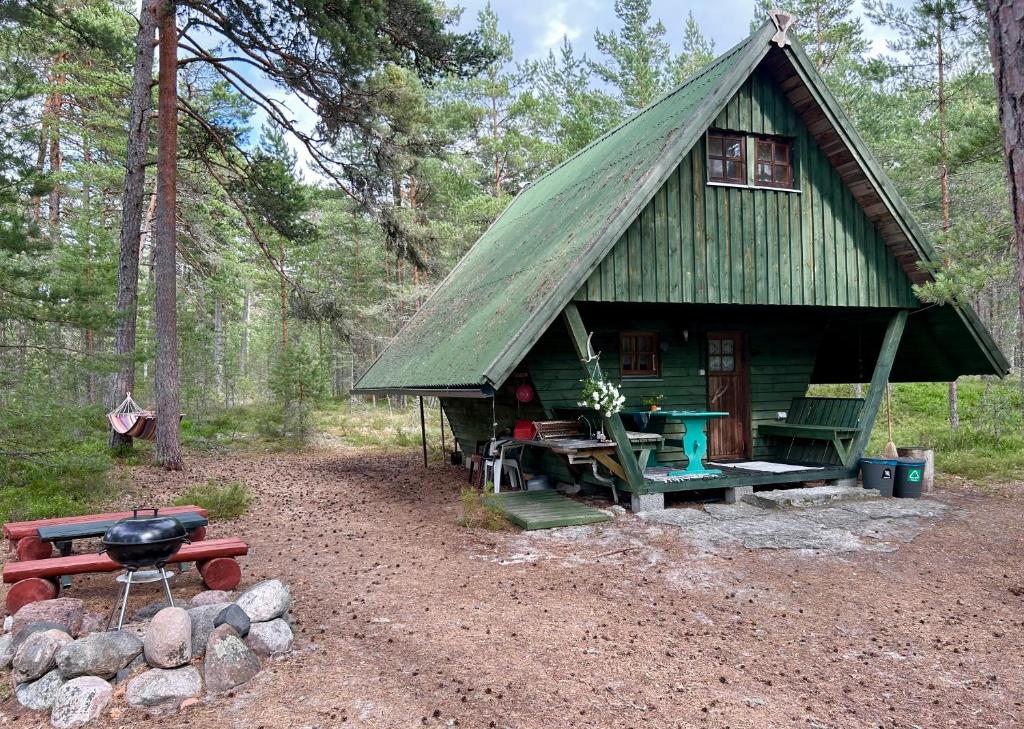 une cabine verte avec une table et un grill dans les bois dans l'établissement Merejuula Puhkemaja, à Noarootsi