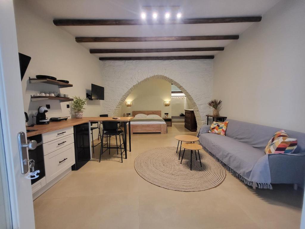 伊奧斯喬拉的住宿－Coucou Boutique Studio，厨房以及带沙发和桌子的客厅。