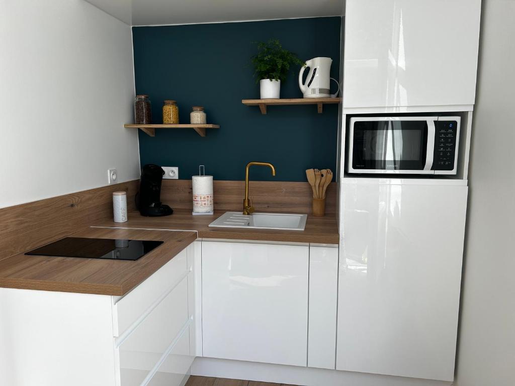 a kitchen with a white refrigerator and a microwave at Le calme au coeur de ville in Boulogne-sur-Mer