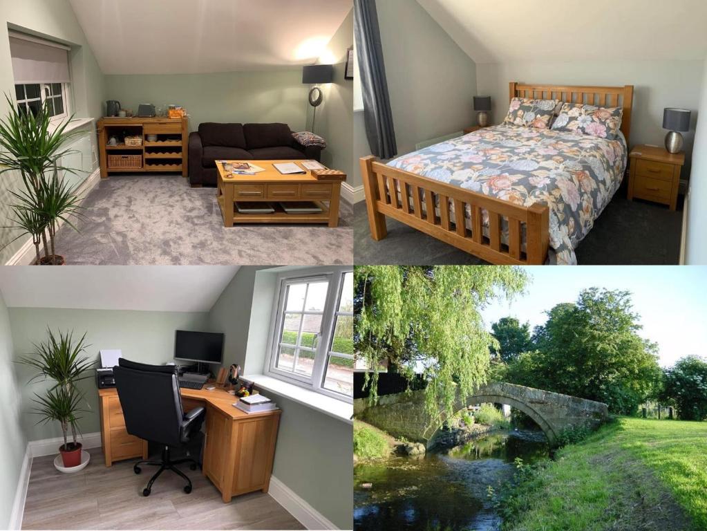 a room with a bed and a desk and a room with a bed at The Up And Over in Northallerton