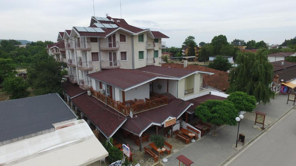 an overhead view of a large house with a balcony at Hotel Morski Dar in Kranevo