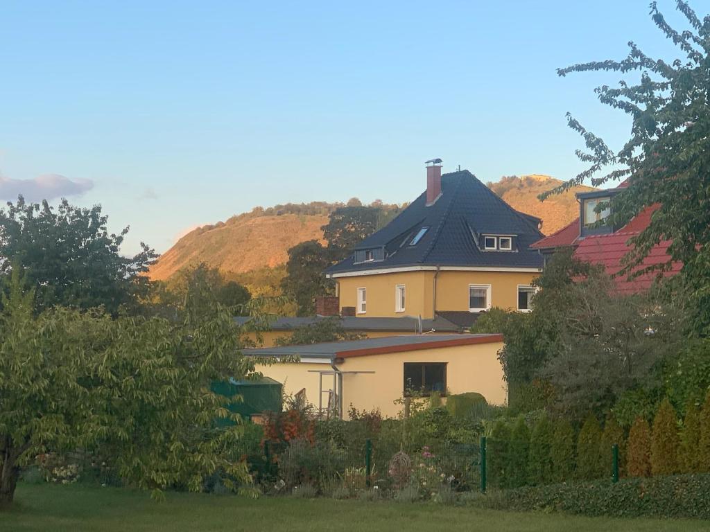 a white house with a black roof in a yard at Ferienwohnung Bleicherode in Bleicherode