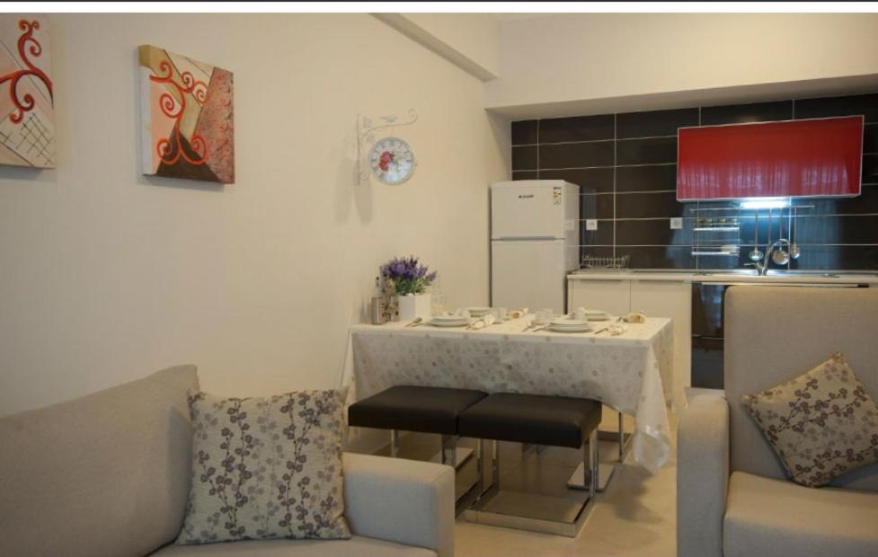 Akropol termal tesis في بايبازاري: غرفة معيشة مع طاولة وكراسي ومطبخ