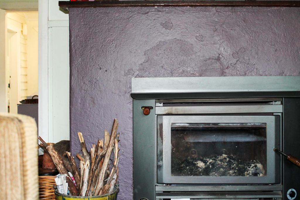 a fireplace in a living room with a wall at Splendid Wren Cottage in Deeside