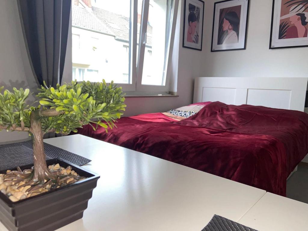 Un dormitorio con una cama con una manta roja. en Adler Apartment, en Colonia
