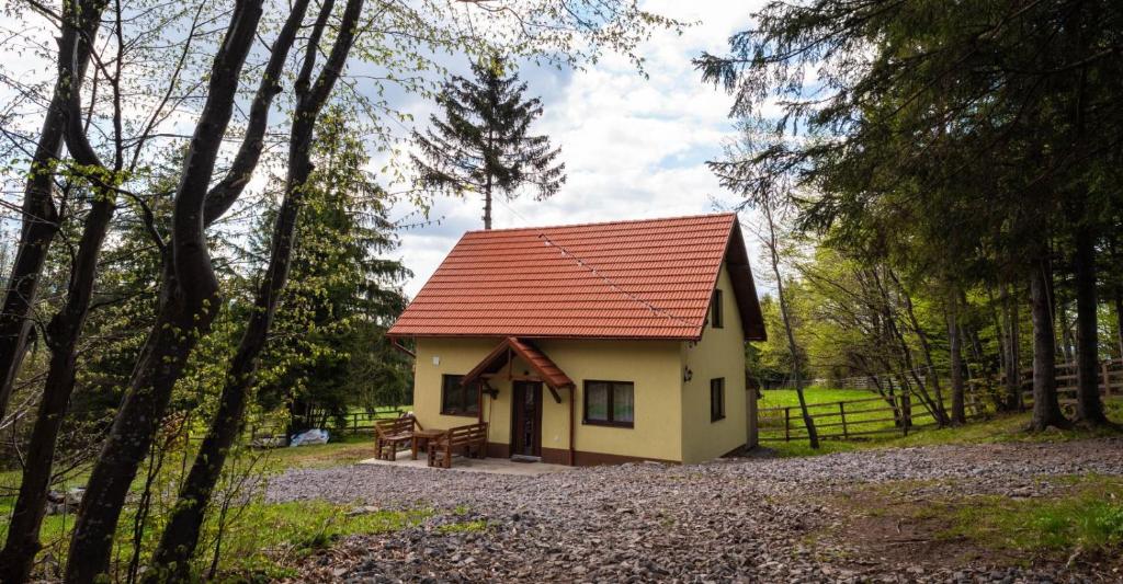 uma pequena casa com um telhado vermelho na floresta em Bencekerti kulcsosház em Căpîlniţa