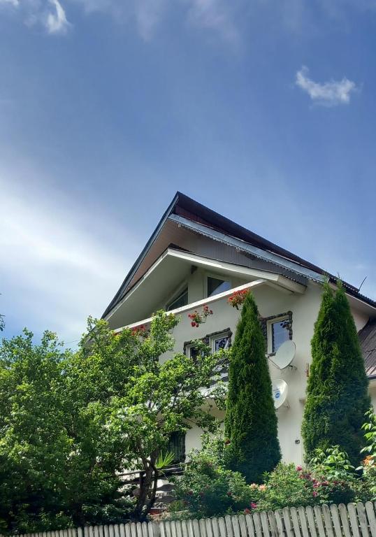 a white house with trees in front of it at PERLA CĂLIMANILOR in Vatra Dornei