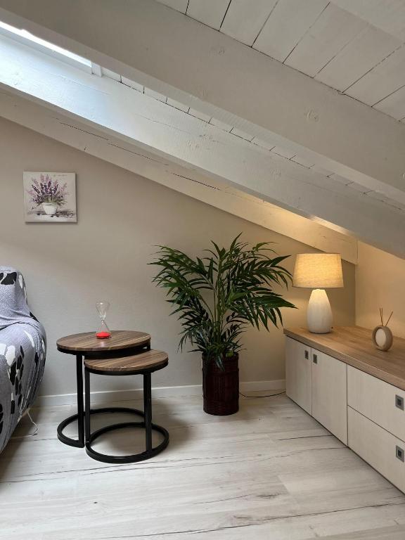 a bedroom with a bed and a table and a plant at Aquadolce in Baveno