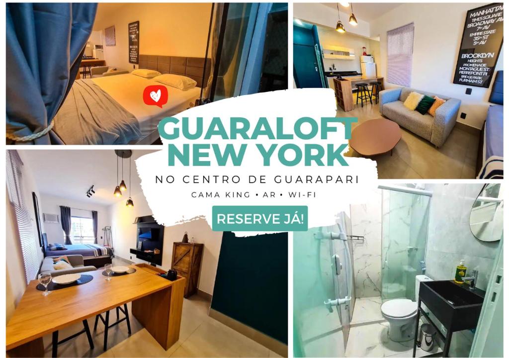 a collage of three pictures of a small apartment at GUARALOFT NEW YORK Centro de Guarapari in Guarapari