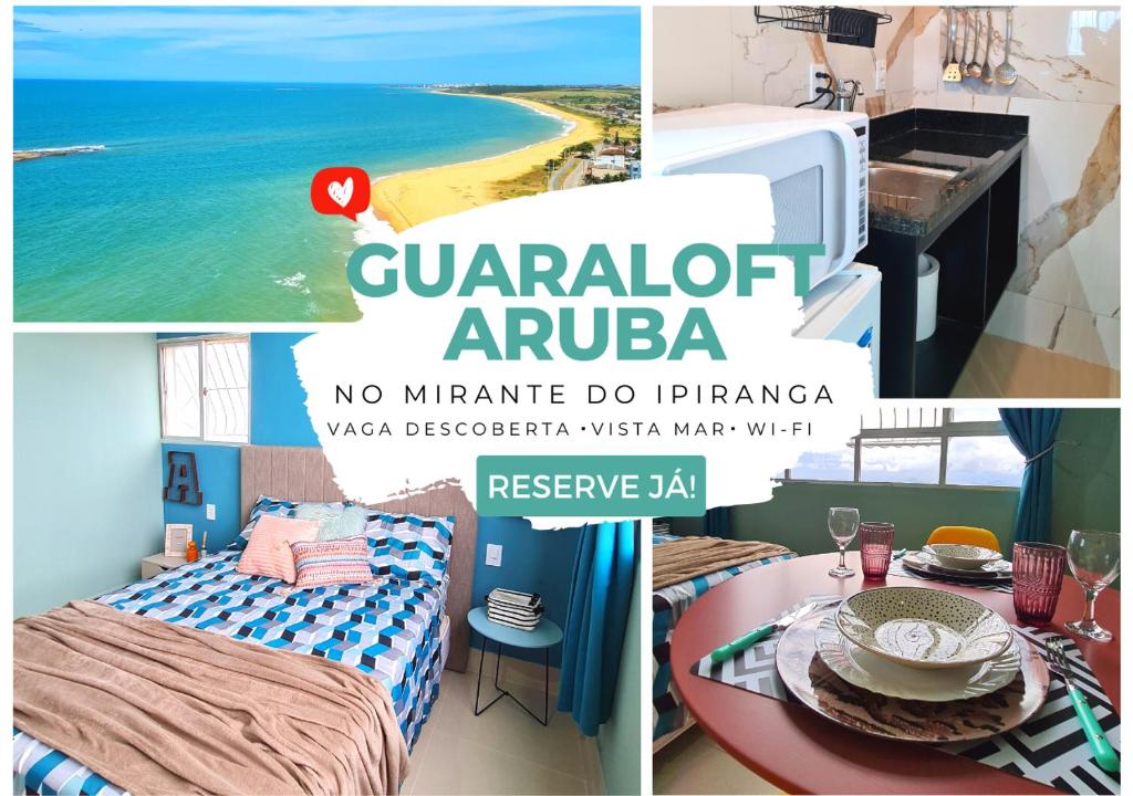 GUARALOFT ARUBA NO MIRANTE DE GUARAPARI في غواراباري: ملصق بصور غرفة بسرير وشاطئ