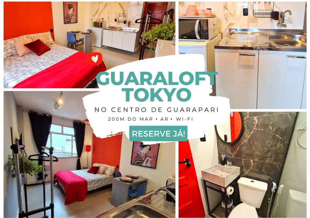 eine Collage aus Fotos einer kleinen Küche und einer kleinen Wohnung in der Unterkunft GUARALOFT TOKYO Centro de Guarapari in Guarapari
