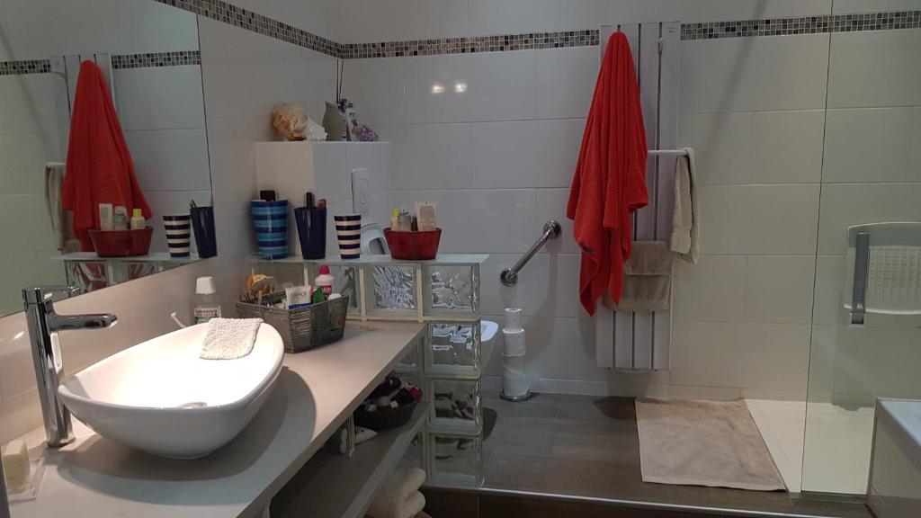 une salle de bain avec un lavabo blanc et une douche dans l'établissement HAUT STANDING, à Ajaccio