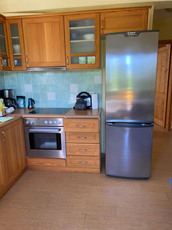 a kitchen with a stainless steel refrigerator and wooden cabinets at Lemontree2 in Agios Nikitas