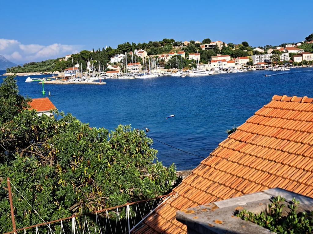 a view of a harbor with boats in the water at Apartmani Dušica in Lumbarda