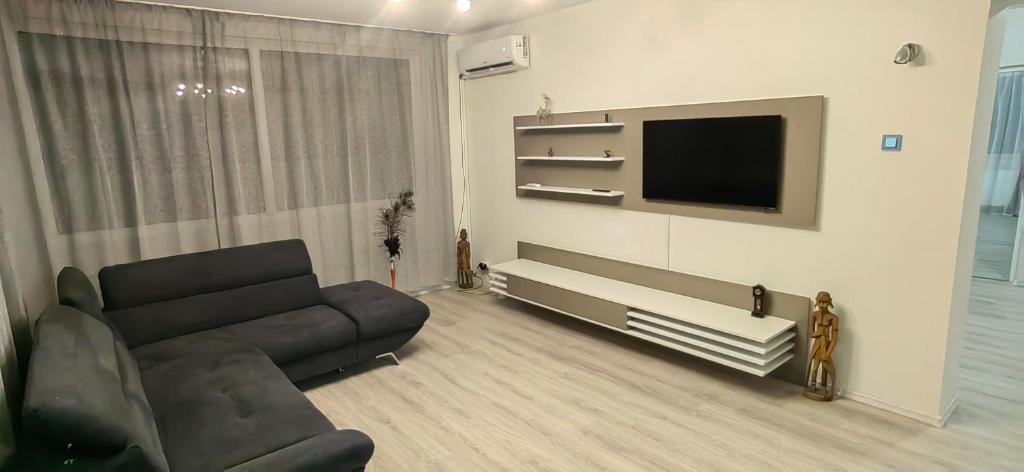 a living room with a couch and a flat screen tv at Vila Zeus in Cristian