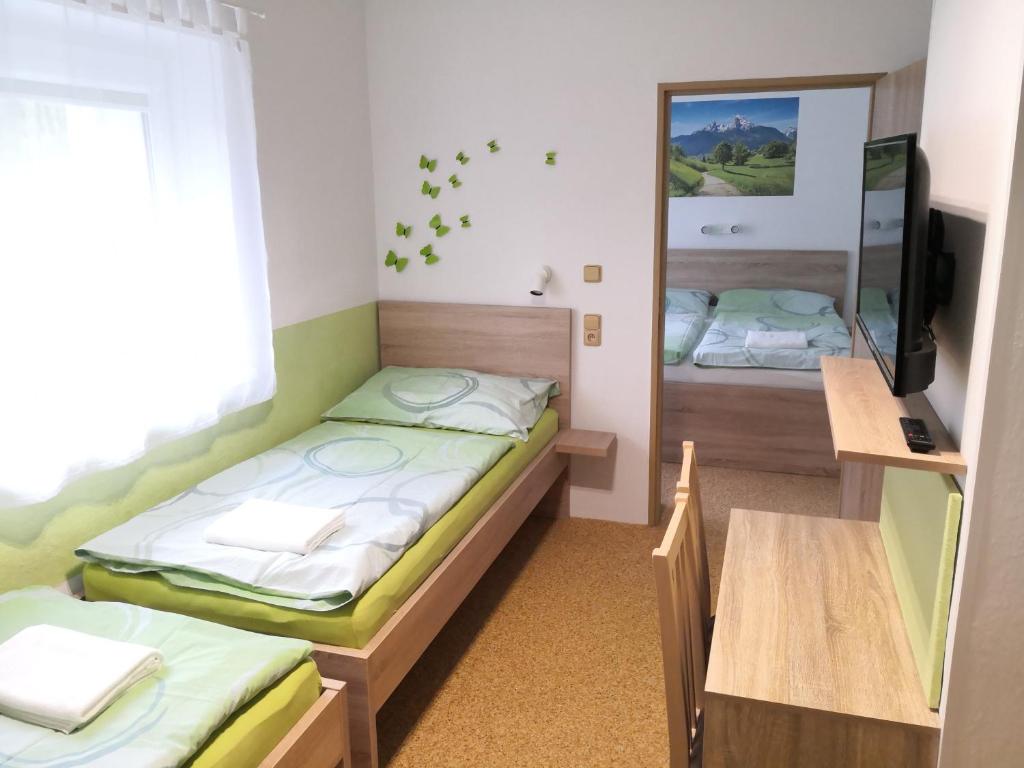 a small room with two beds and a mirror at Penzion Zelená zahrada in Kladenské Rovné