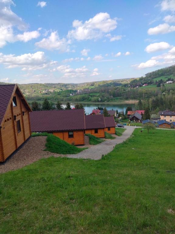 a group of buildings in a field with a lake at Pod Bercem in Solina