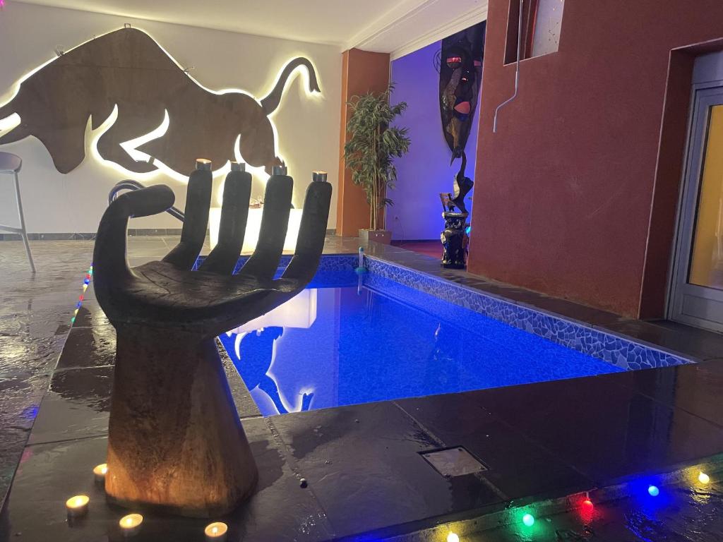 - une piscine dans une chambre avec une statue de chien dans l'établissement Villa Kiara Hébergements, à Cusset