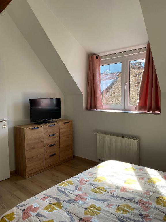 a bedroom with a bed and a tv and a window at L&#39;Harmonie de Wavre in Wavre