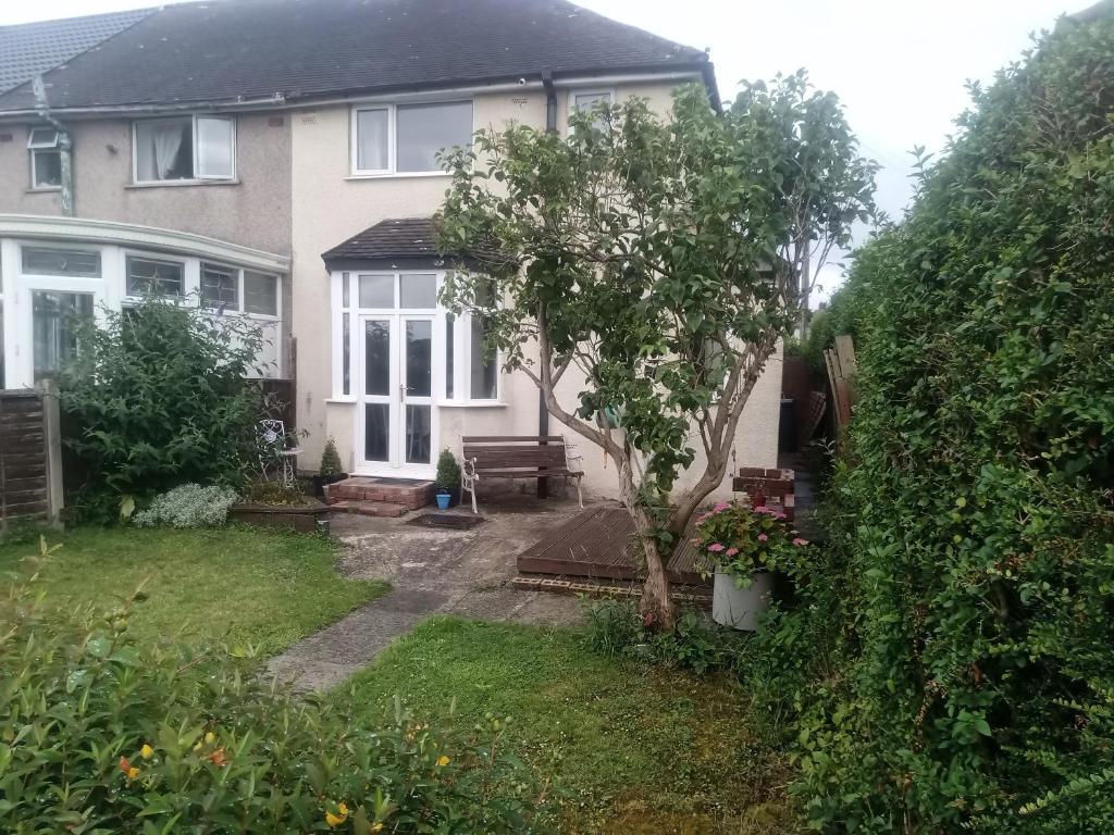 a house with a tree and a bench in the yard at Fifty-five in Bristol