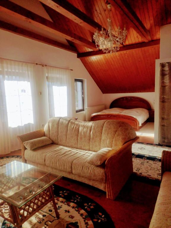 a living room with a couch and a bed at Studio 45 sqm with mountain view in Porumbacu de Sus
