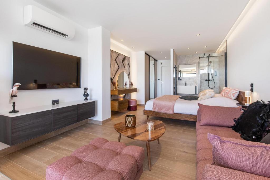 une chambre avec un lit, un canapé et une télévision dans l'établissement Village Naturiste R4N - Catalina Héliopolis Luxe, au Cap d'Agde