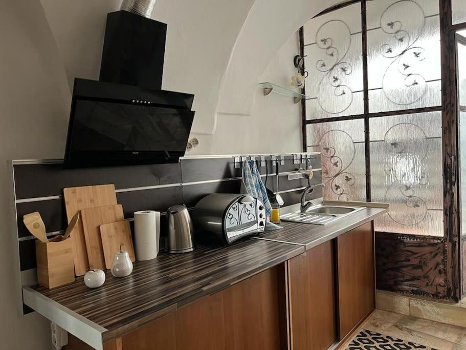 a kitchen with a counter with a sink and a tv at City Center Apartment in Banská Bystrica