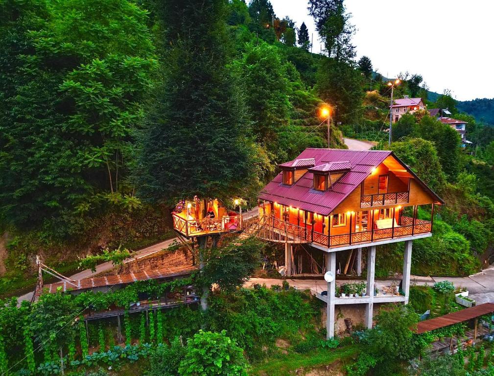 uma casa com um telhado roxo numa colina em Gürgen House em Cayeli