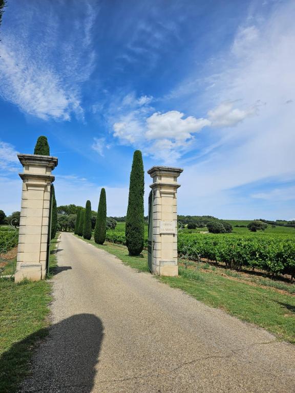 una carretera con dos columnas y árboles en el lateral en Le Willow, en Châteauneuf-du-Pape