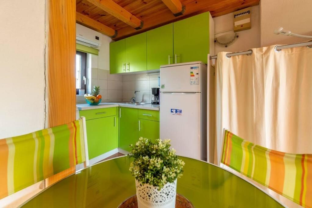 - une cuisine verte avec une table et un réfrigérateur dans l'établissement Studio Apartman Amelie, à Vir