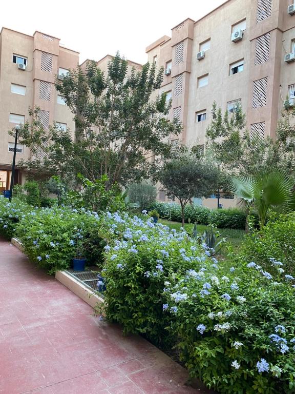 un jardin avec des fleurs bleues devant un bâtiment dans l'établissement Appartement Jnane Awrad, Marrakech, à Marrakech