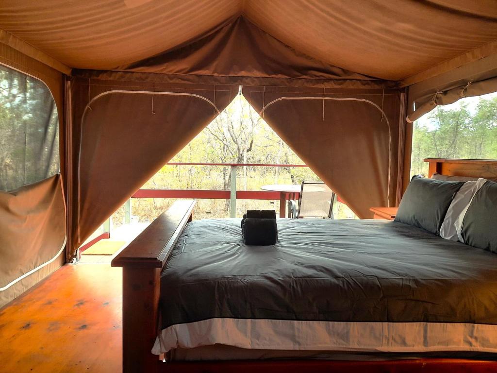 a bedroom with a bed in a tent at Wild Nature Lodge, Mareeba Wetlands in Biboohra
