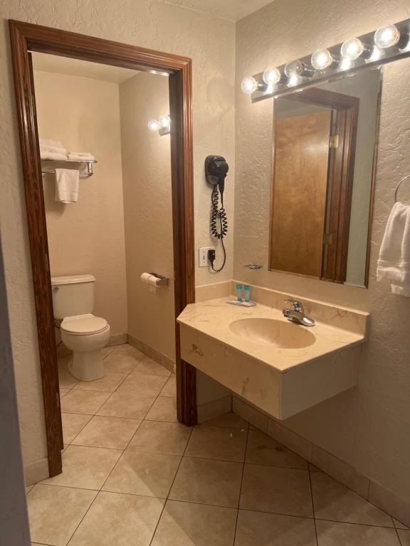 a bathroom with a sink and a toilet and a phone at Red Carpet Inn Medford in Medford