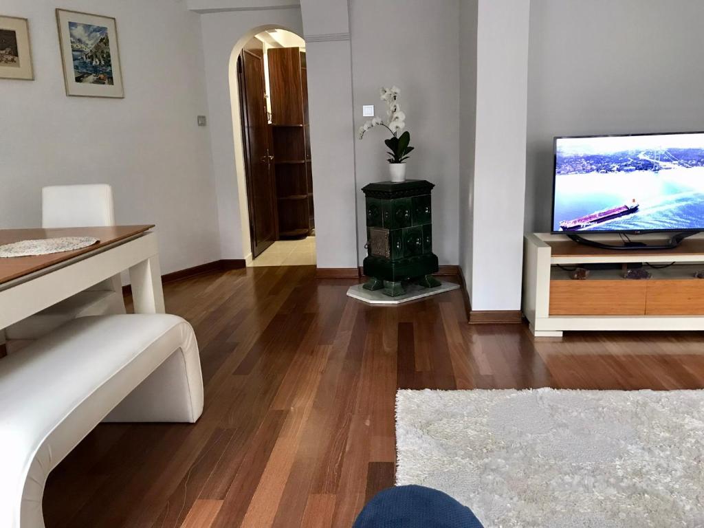 a living room with a flat screen tv on a stand at Cozy and Modern Flat Near Bosphorus At Arnavutköy in Istanbul