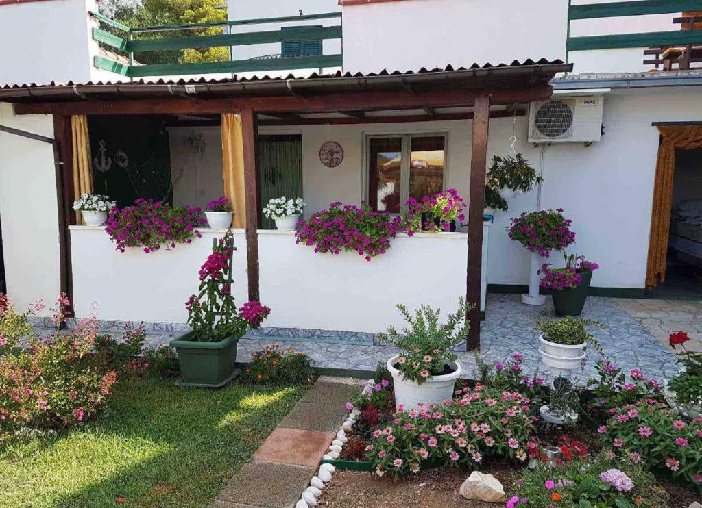 una casa blanca con macetas y flores en Sandra Apartmani 3 en Zaostrog