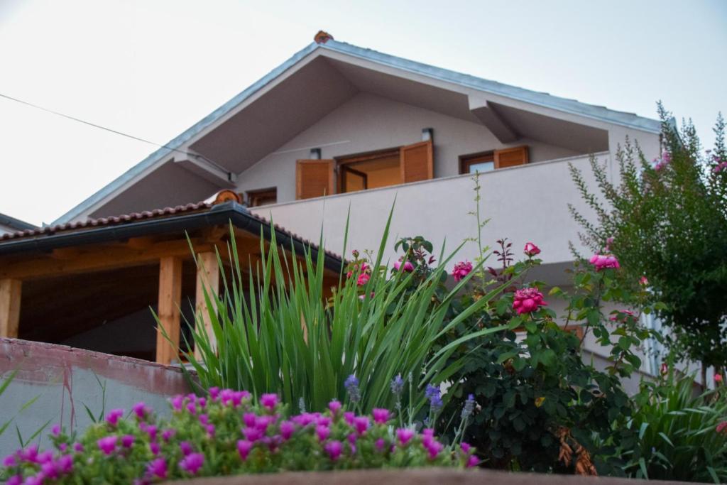 een huis met roze bloemen ervoor bij Apartmani Dina 2 in Posedarje