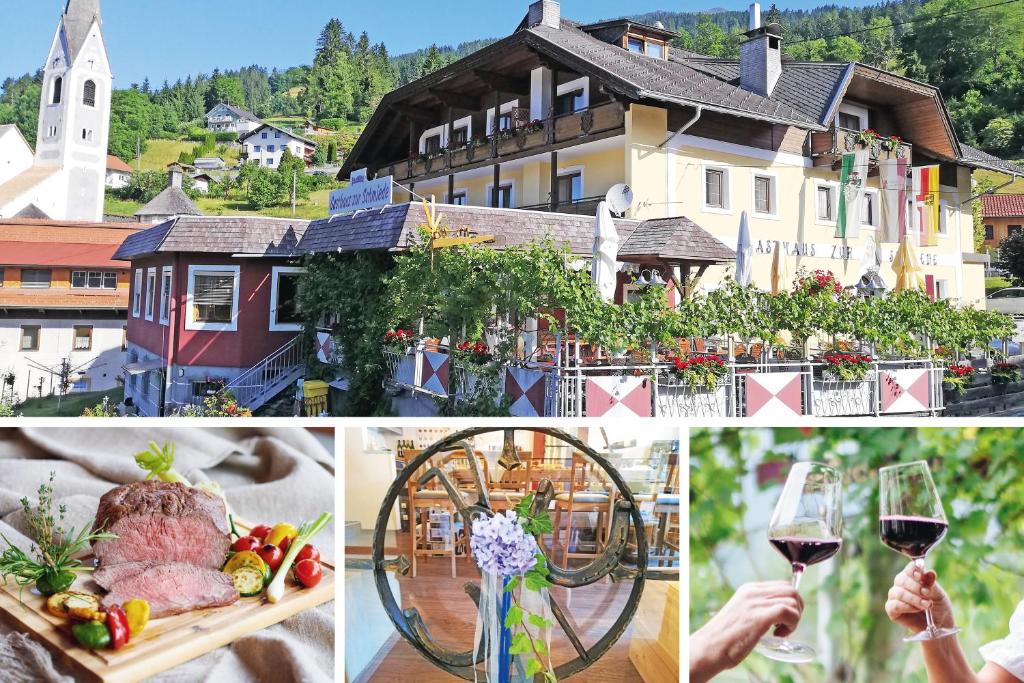 a collage of photos with wine glasses and a town at Gasthof zur Schmiede in Berg im Drautal